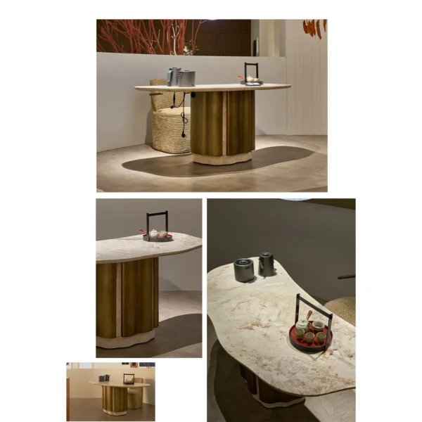 French Pink Stone Tea Table on Bronze Column in rose stone — in a room setting