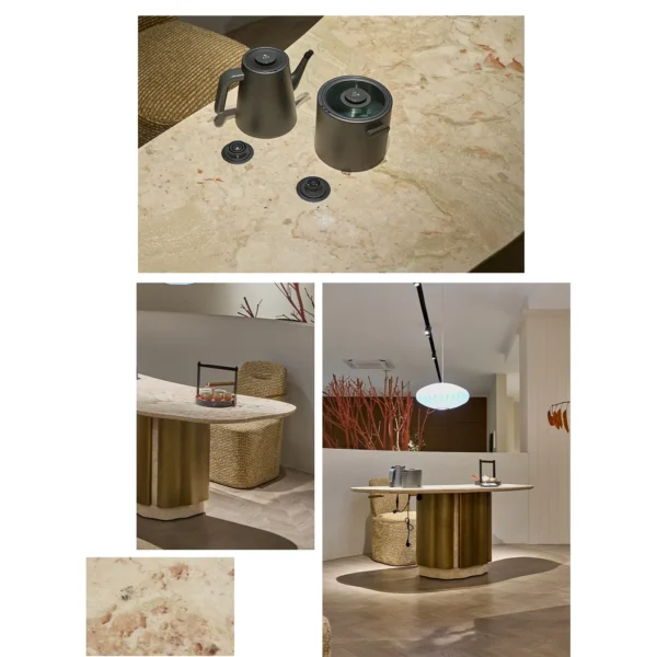 French Pink Stone Tea Table on Bronze Column in rose stone — in a room setting