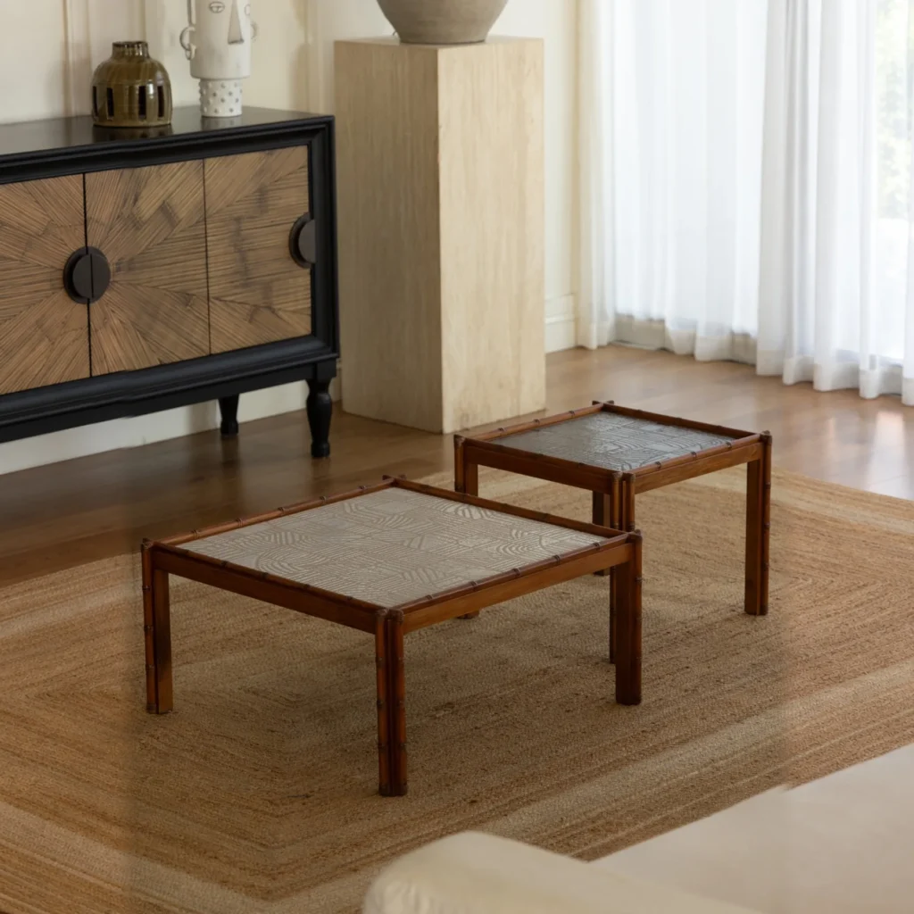 Carved Oak Bamboo Frame Coffee Table Set with Tile Inset in clay — front view