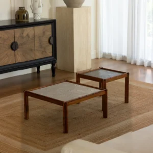 Carved Oak Bamboo Frame Coffee Table Set with Tile Inset in clay — front view