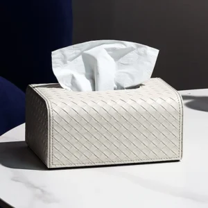 Woven Leather Tissue Box in Beige or Grey, Medium or Large — front view
