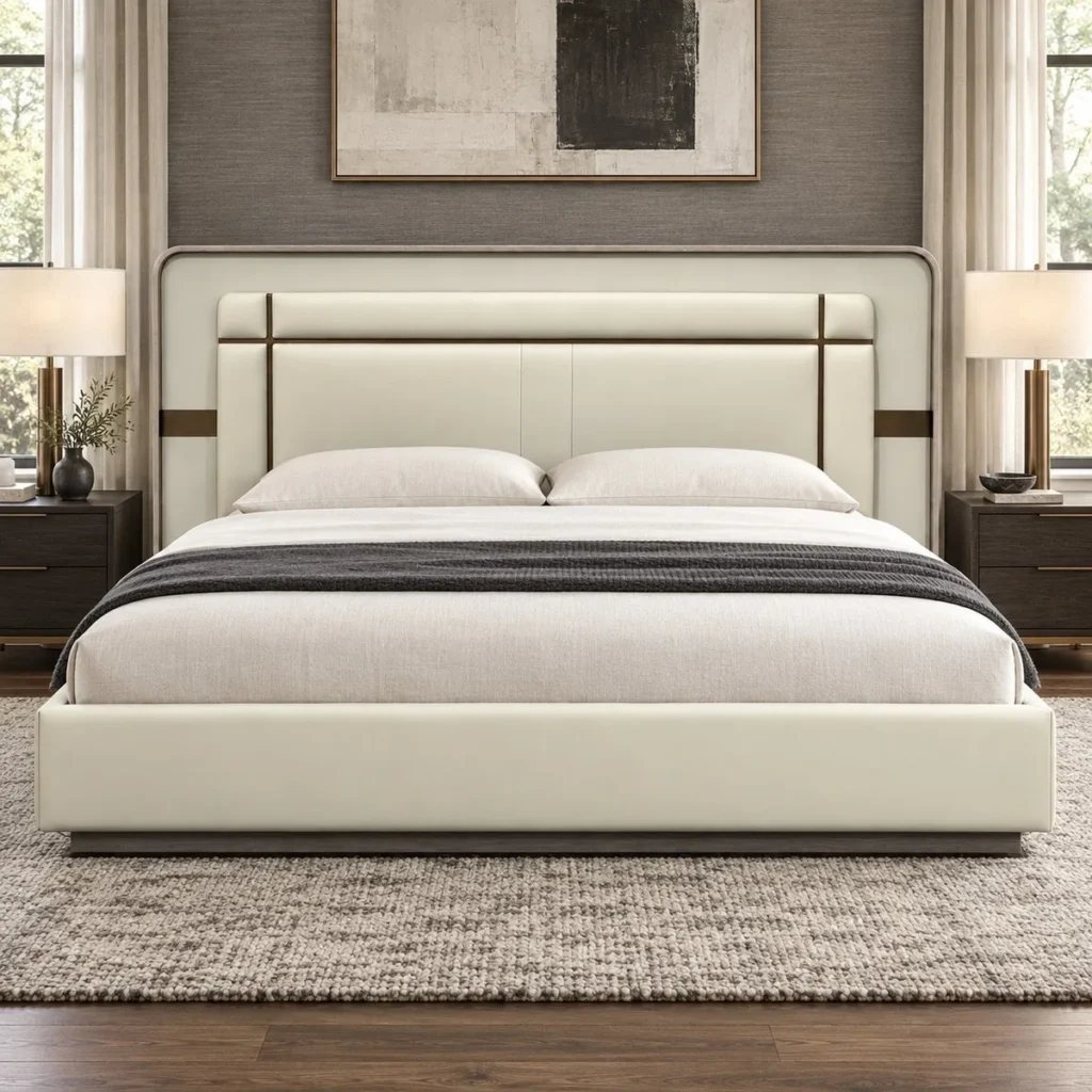 Cream Leather Bed with Sectioned Headboard and Metal Inlay in oatmeal — front view