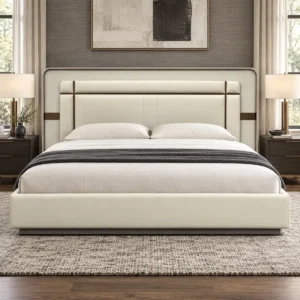 Cream Leather Bed with Sectioned Headboard and Metal Inlay in oatmeal — front view