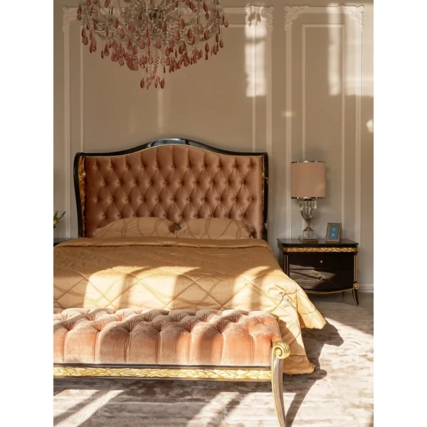Lyla Carved Wing Headboard Tufted Bed in rust — in a room setting