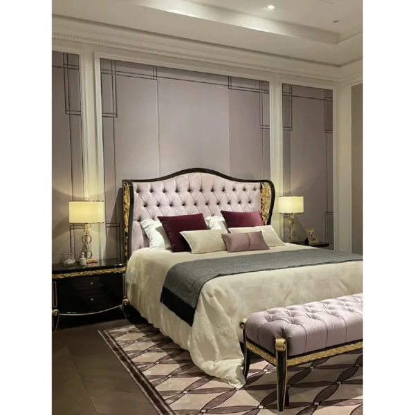 Lyla Carved Wing Headboard Tufted Bed in rust — in a room setting