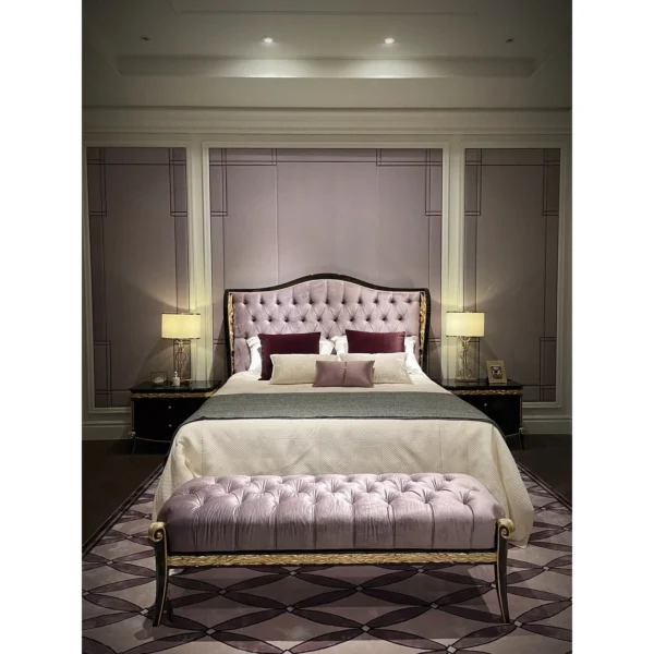 Lyla Carved Wing Headboard Tufted Bed in rust — in a room setting