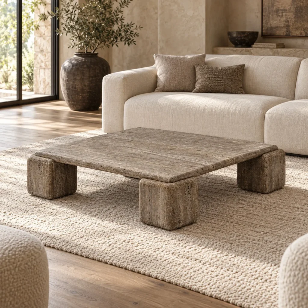 Machu Travertine Block Coffee Table with Four Pillar Legs in sand — front view