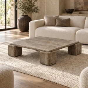 Machu Travertine Block Coffee Table with Four Pillar Legs in sand — front view