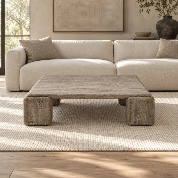 Machu Travertine Block Coffee Table with Four Pillar Legs in sand — in a room setting