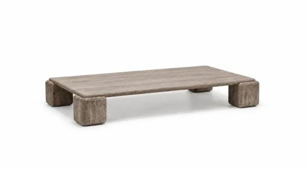Machu Travertine Block Coffee Table with Four Pillar Legs in sand — in a room setting