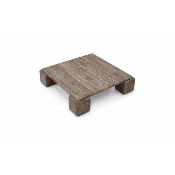 Machu Travertine Block Coffee Table with Four Pillar Legs in sand — in a room setting