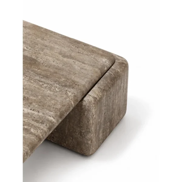 Machu Travertine Block Coffee Table with Four Pillar Legs in sand — in a room setting