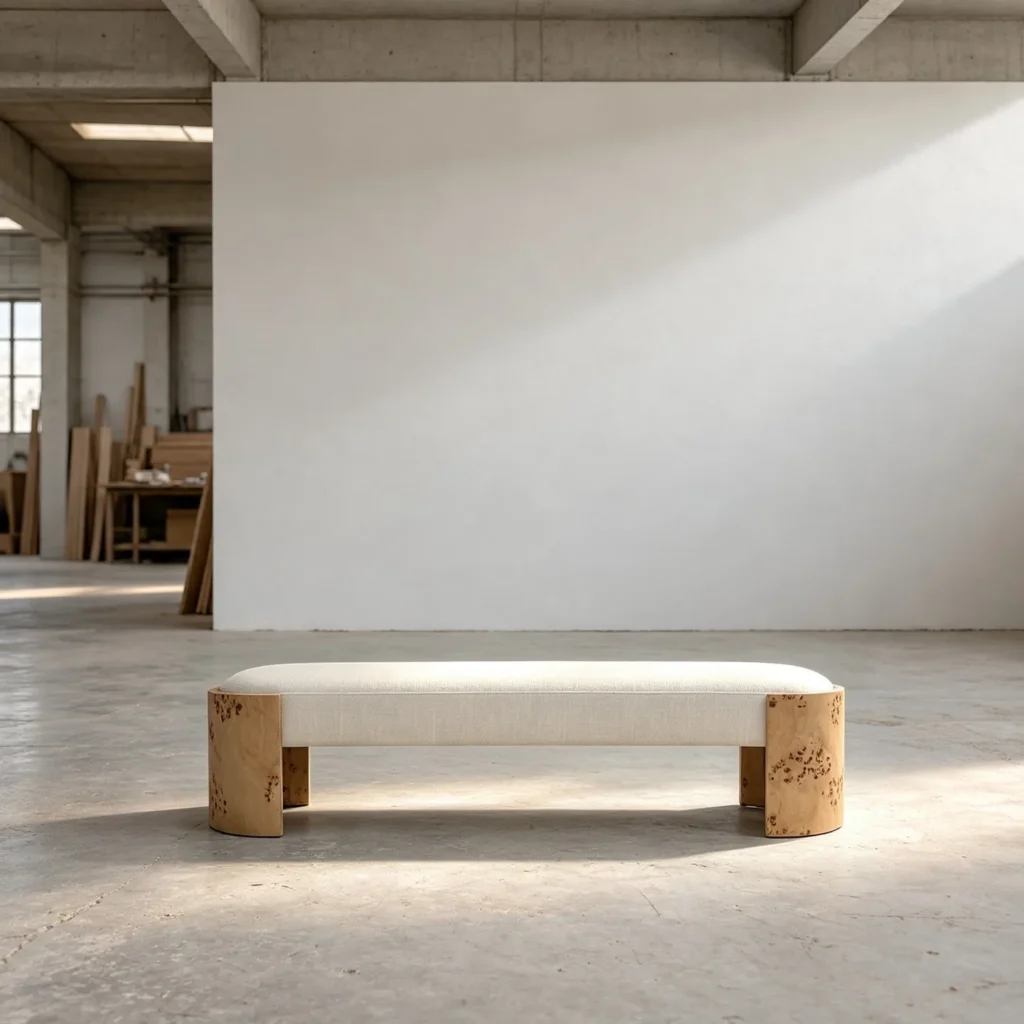 Mad Burl Veneer Bench with Cream Linen Cushion in oatmeal — front view
