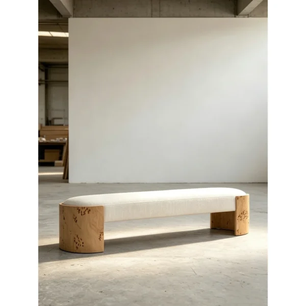 Mad Burl Veneer Bench with Cream Linen Cushion in oatmeal — in a room setting