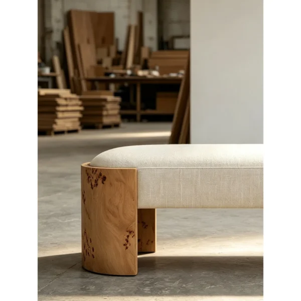 Mad Burl Veneer Bench with Cream Linen Cushion in oatmeal — in a room setting