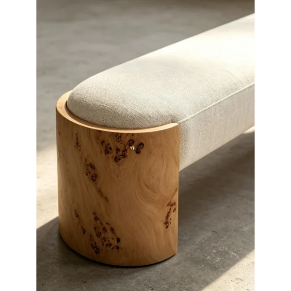 Mad Burl Veneer Bench with Cream Linen Cushion in oatmeal — in a room setting
