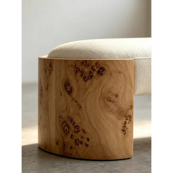 Mad Burl Veneer Bench with Cream Linen Cushion in oatmeal — in a room setting