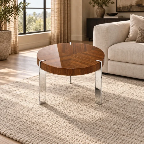 Madison Round Walnut Coffee Table with Chrome Legs in walnut — in a room setting