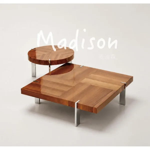 Madison Round Walnut Coffee Table with Chrome Legs in walnut — in a room setting