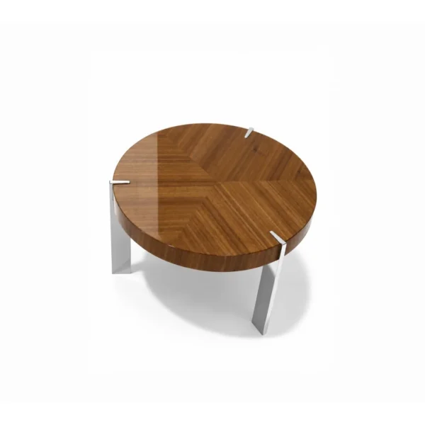 Madison Round Walnut Coffee Table with Chrome Legs in walnut — in a room setting
