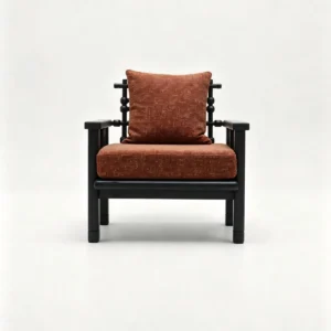 Maen Black Ash Spindle Lounge Chair in Rust Fabric, 78 cm — front view