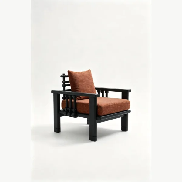 Maen Black Ash Spindle Lounge Chair in Rust Fabric, 78 cm — in a room setting