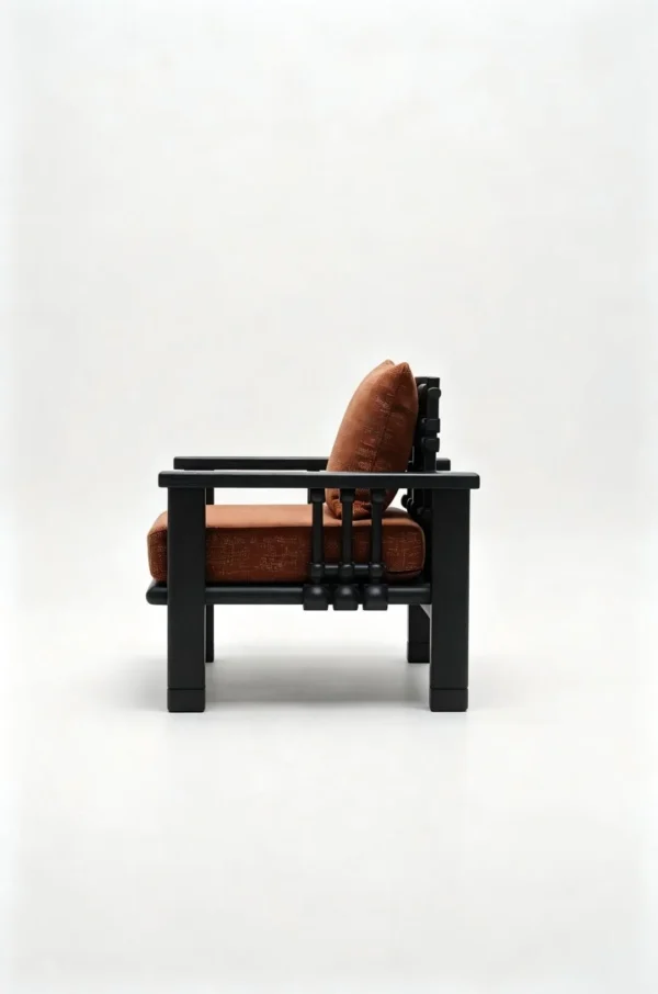 Maen Black Ash Spindle Lounge Chair in Rust Fabric, 78 cm — in a room setting