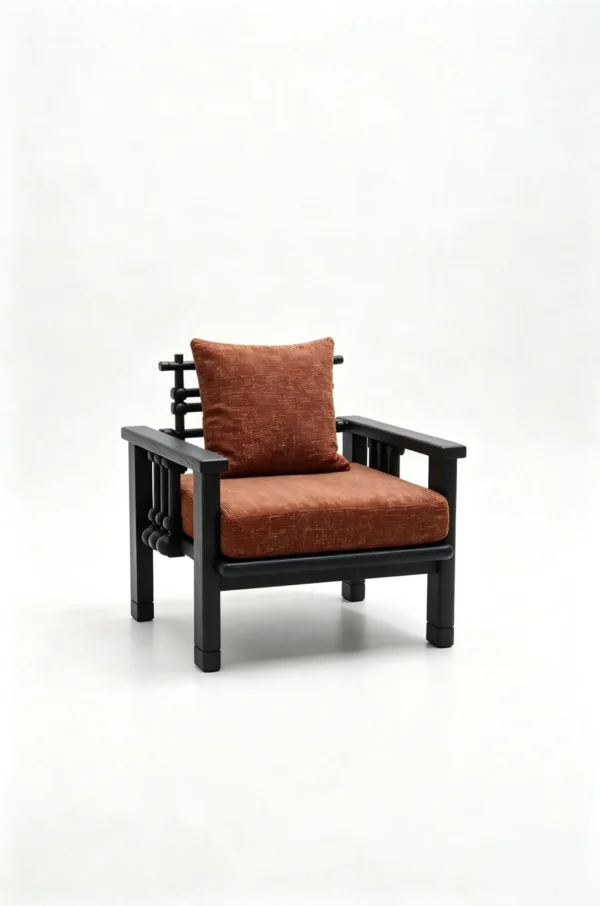 Maen Black Ash Spindle Lounge Chair in Rust Fabric, 78 cm — in a room setting