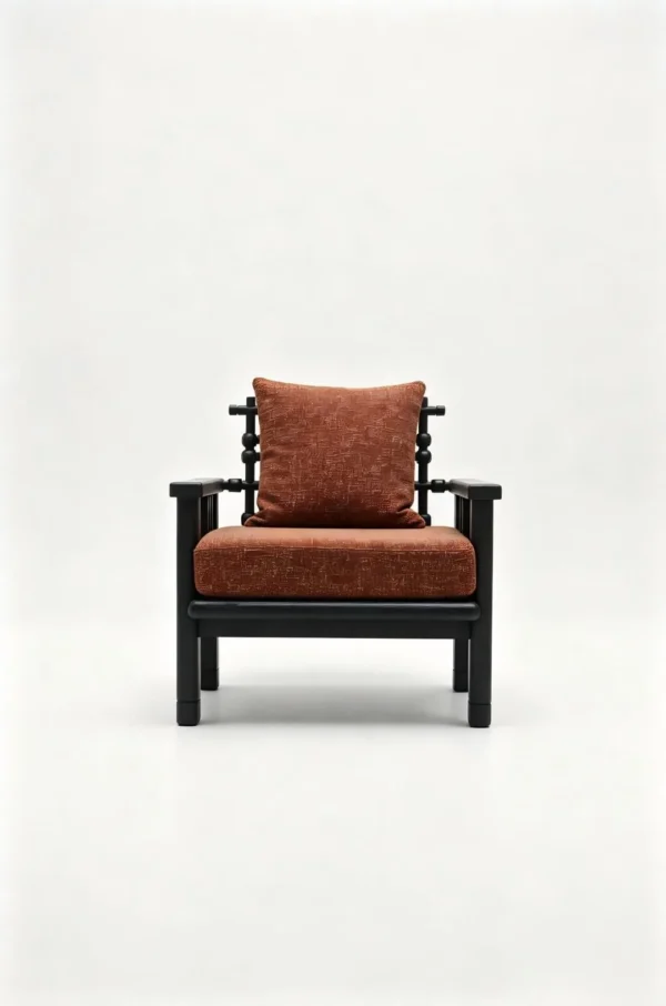 Maen Black Ash Spindle Lounge Chair in Rust Fabric, 78 cm — in a room setting