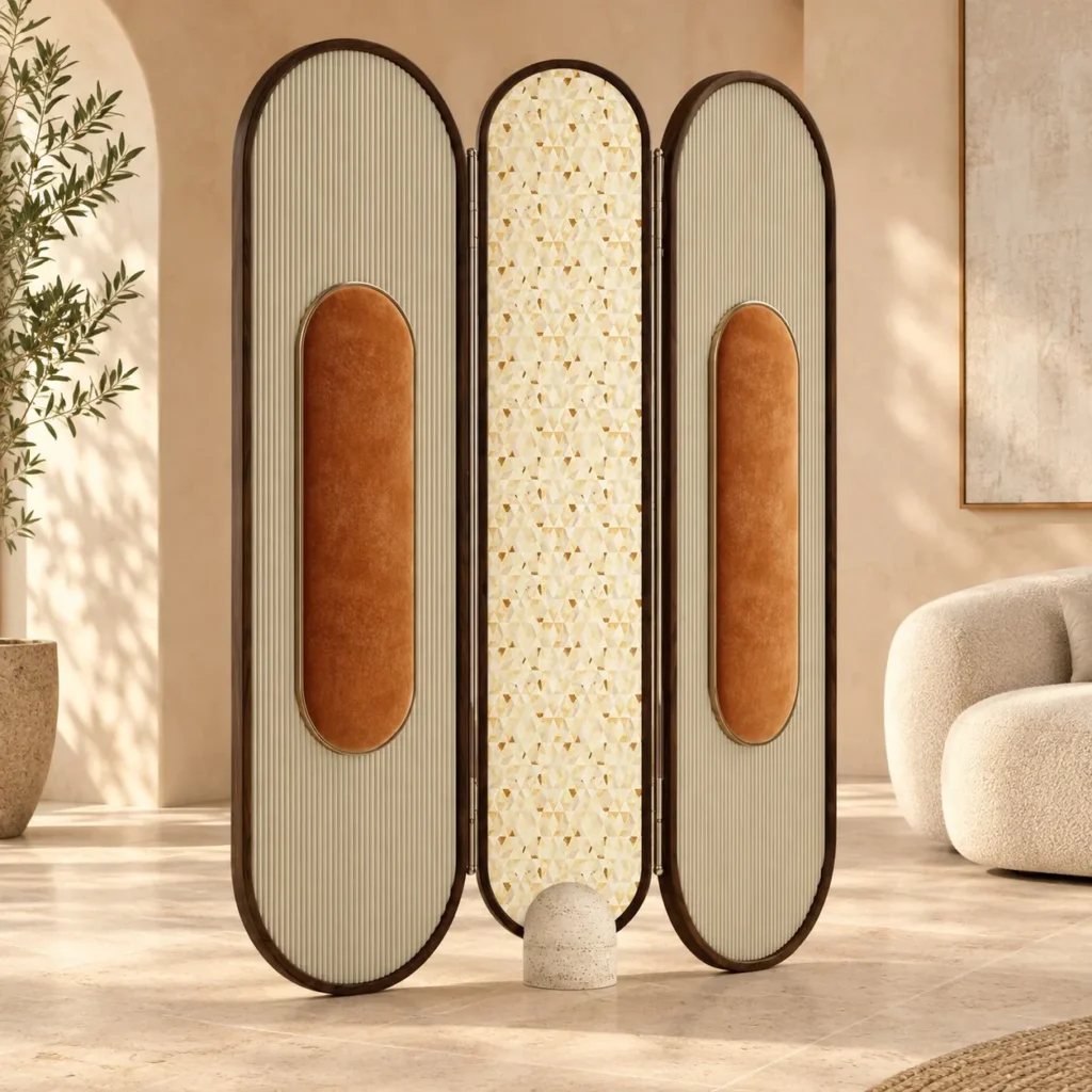 Double-Arch Screen in Ribbed Wood, Leather and Patterned — front view