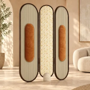 Double-Arch Screen in Ribbed Wood, Leather and Patterned — front view