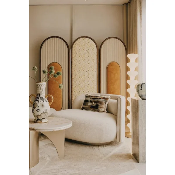Double-Arch Screen in Ribbed Wood, Leather and Patterned — in a room setting