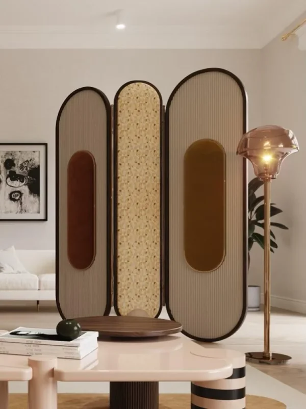 Double-Arch Screen in Ribbed Wood, Leather and Patterned — in a room setting