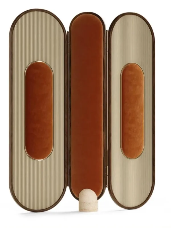 Double-Arch Screen in Ribbed Wood, Leather and Patterned — in a room setting