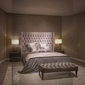 Magical Tall Button-Tufted Velvet Bed in plum — front view