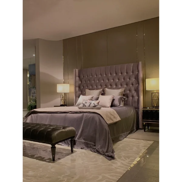 Magical Tall Button-Tufted Velvet Bed in plum — in a room setting