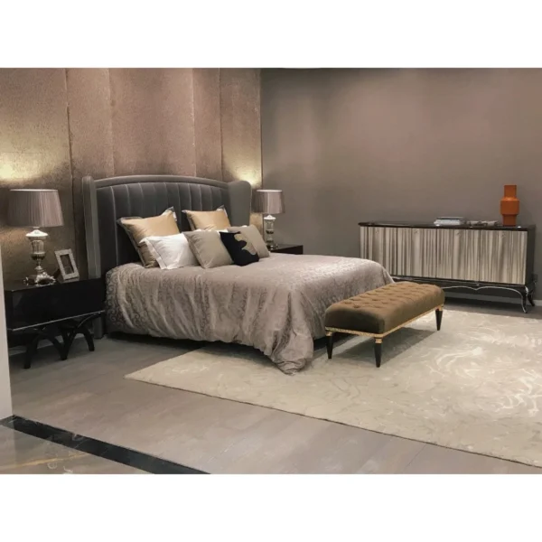 Magical Tall Button-Tufted Velvet Bed in plum — in a room setting