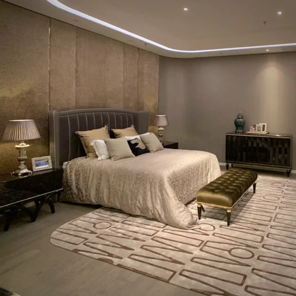 Magical Tall Button-Tufted Velvet Bed in plum — in a room setting