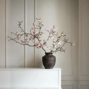 Rustic Iron-Glaze Round Jar Vase for Magnolia Branches in clay — front view