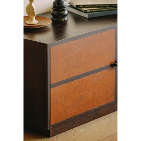 Maillard Tone TV Cabinet with Red Burl Doors in Dark Frame — in a room setting
