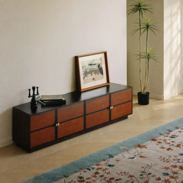 Maillard Tone TV Cabinet with Red Burl Doors in Dark Frame — in a room setting