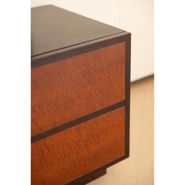 Maillard Tone TV Cabinet with Red Burl Doors in Dark Frame — in a room setting