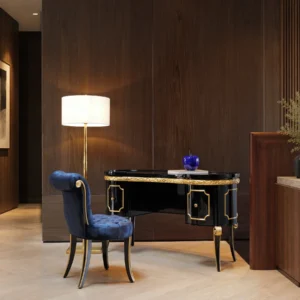 Makayla Black and Gold Carved Vanity Table with Velvet Chair in black — front view