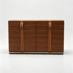 Teak Low Cabinet with Saddle Leather Straps, 150 cm — front view