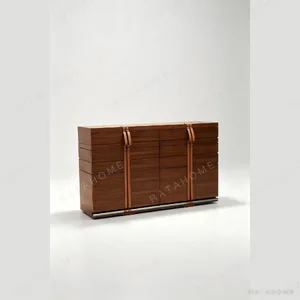 Teak Low Cabinet with Saddle Leather Straps, 150 cm in clay — in a room setting