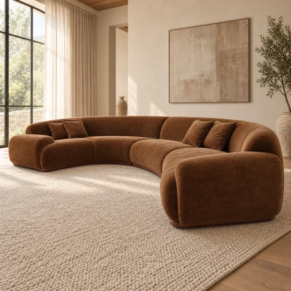 Manna Curved Modular Sofa in Chocolate Bouclé — in a room setting