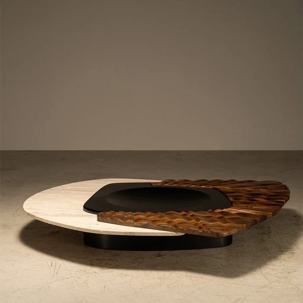 Mara Travertine and Carved Wood Coffee Table, 190 x 165 cm in oatmeal — front view