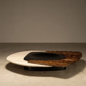 Mara Travertine and Carved Wood Coffee Table, 190 x 165 cm in oatmeal — front view