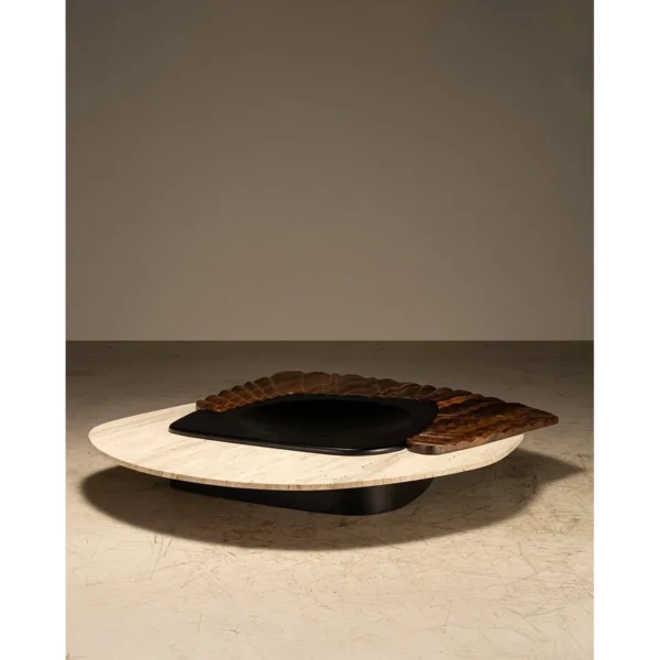Mara Travertine and Carved Wood Coffee Table, 190 x 165 cm in oatmeal — in a room setting