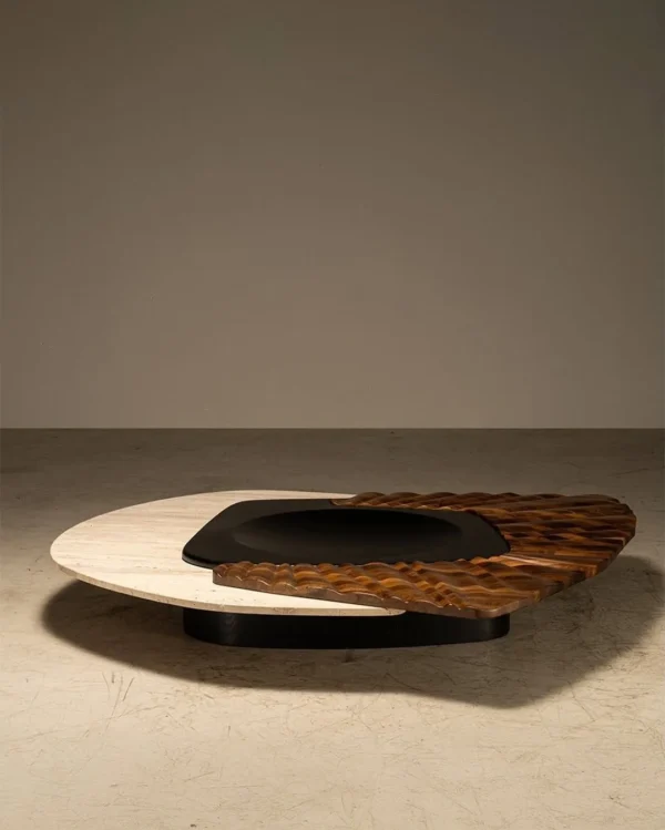 Mara Travertine and Carved Wood Coffee Table, 190 x 165 cm in oatmeal — in a room setting